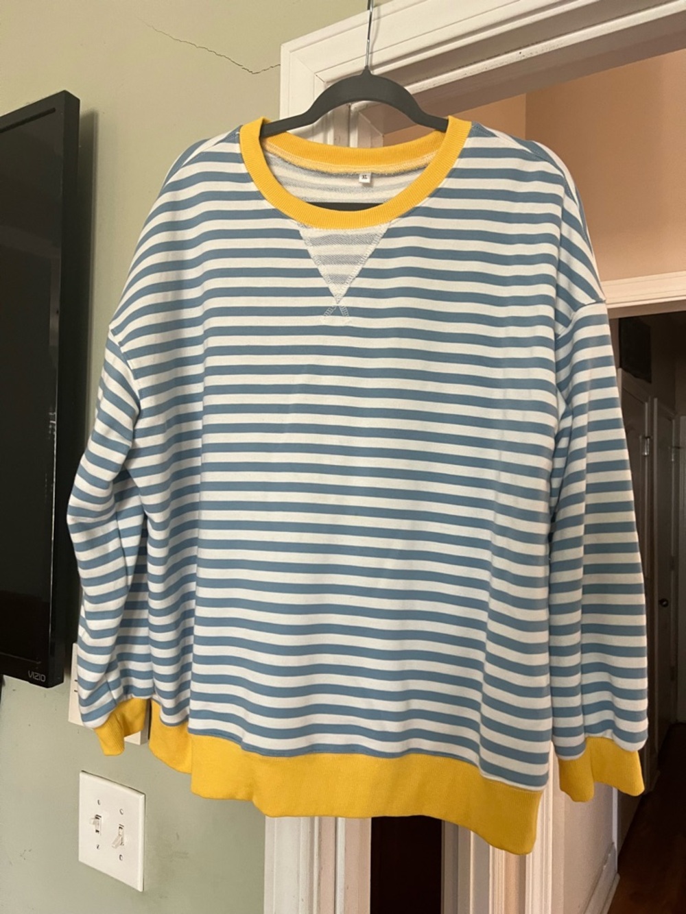 Striped Blue & White Sweatshirt with Yellow Trim